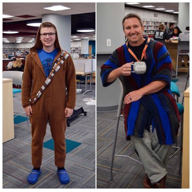 Siegie_Saxon's tweet photo. Chewbacca (Jacob Ebert) and Mr. Davis in their Star Wars themed pajamas for Spirit Week! #WeAreHS https://t.co/lGgkpTg9Yw