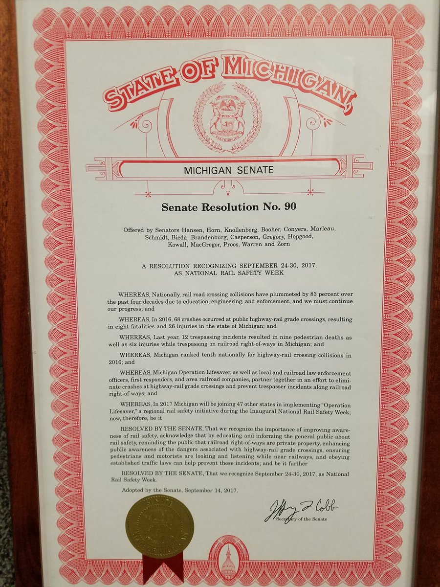 MI_FreightRail's tweet photo. Thank you Sen Hansen &amp; MI Senate for supporting #railsafetyweek2017. @olinational @MIOperLifesaver kickoff is next Monday! #railsafety https://t.co/8izJMXC66G