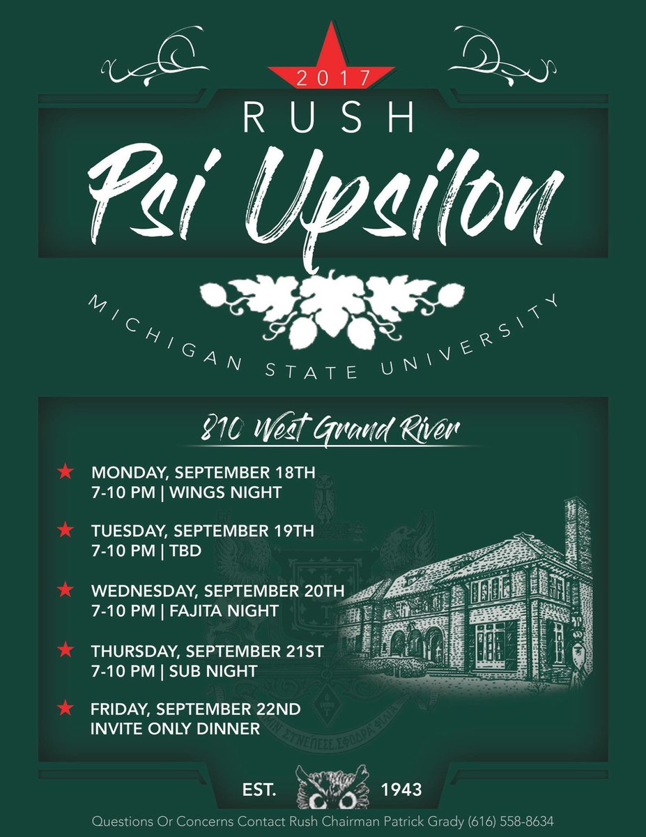 Thinking about rushing? The Brothers of Psi Uplison at Michigan State would like to invite you to our rush event from 7pm-10pm tonight.