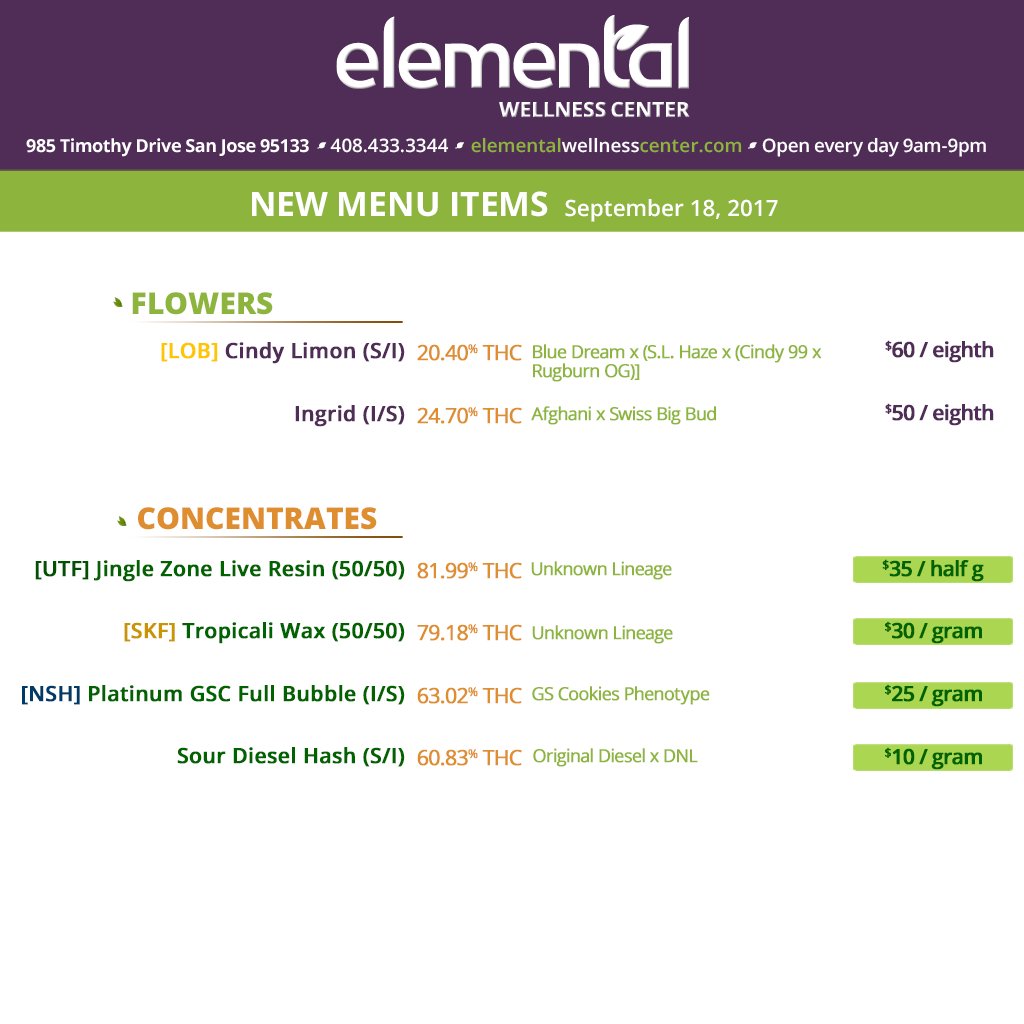 Elemental2009's tweet photo. MENU UPDATES >> #LegionOfBloom #CindyLimon in @ 20% #THC πΈπ + #UtopiaFarms #JingleZone #LiveResin in @ 82% #THC π€€πͺ #elementalupdate https://t.co/y4xXc21Mqk