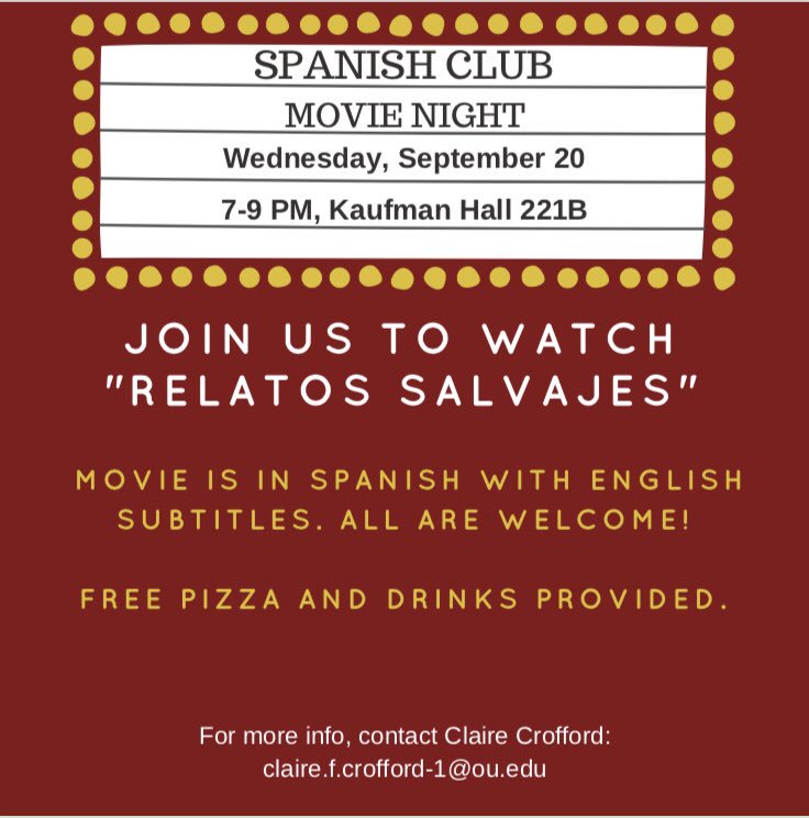 Join us for our second meeting of the semester! We will be watching Relatos Salvajes. Free pizza and soda provided!!