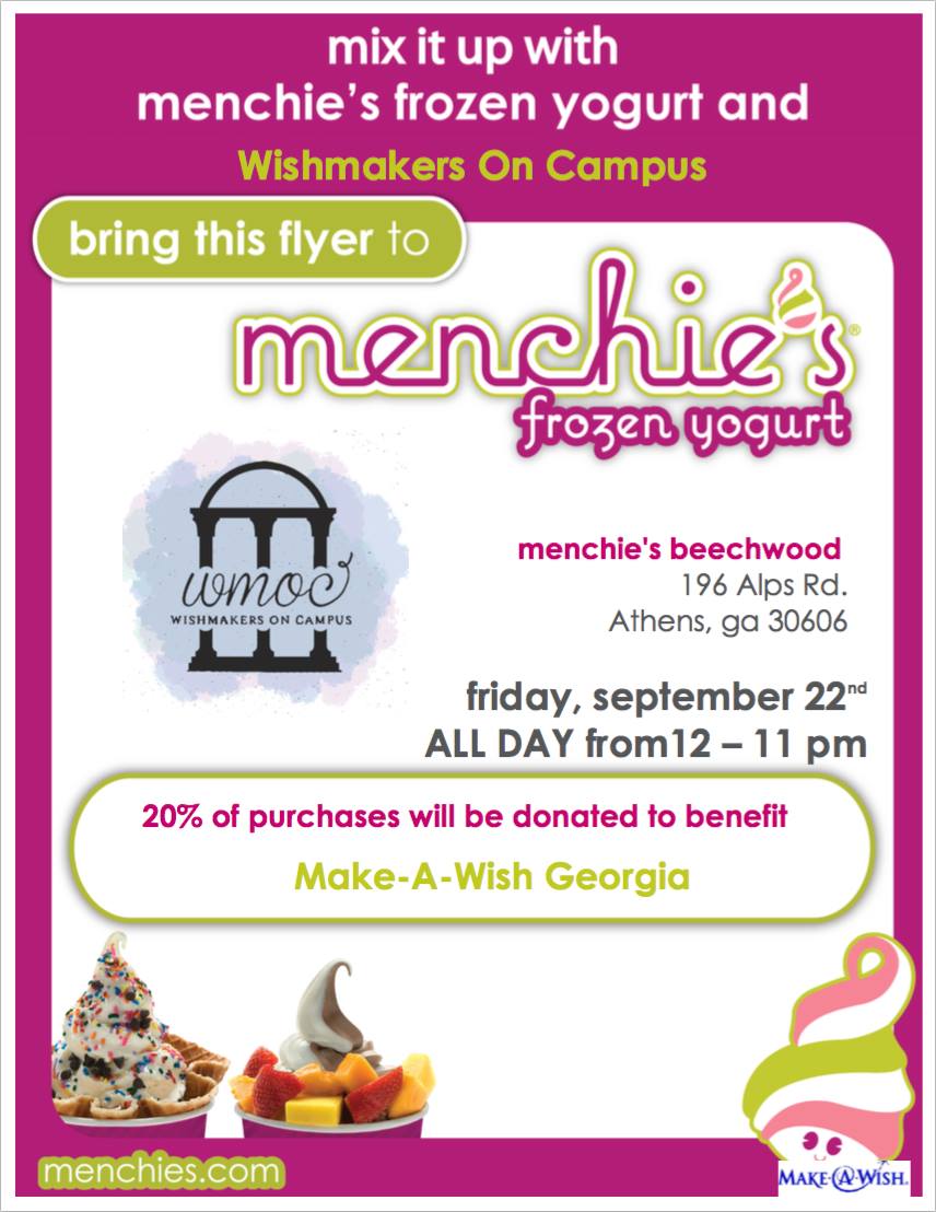 UGA_WISH's tweet photo. This Friday, September 22nd, Wishmakers will be hosting a DAY long percentage opportunity at Menchie's in the Beechwood shopping center! https://t.co/BnAHt7OLEd