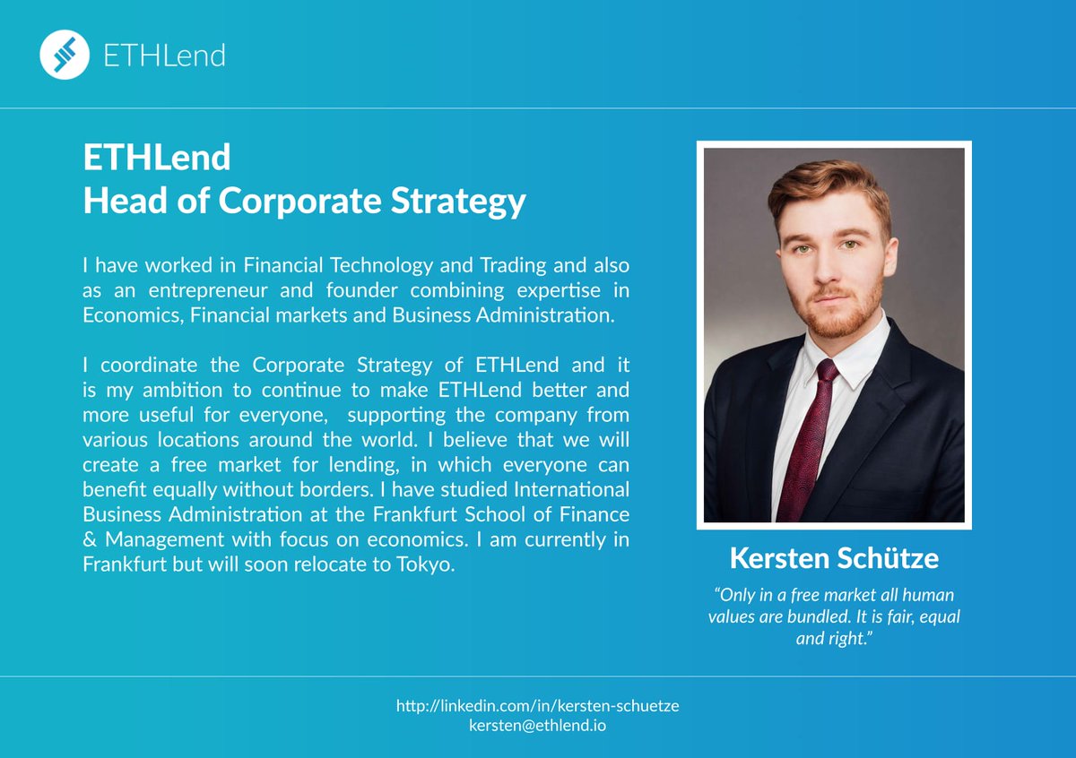 aave's tweet photo. Introducing ETHLend's Head of Corporate Strategy - Kersten Schรผtze
#Ethereum #blockchain #LENDToken https://t.co/ht1XxZhA9c