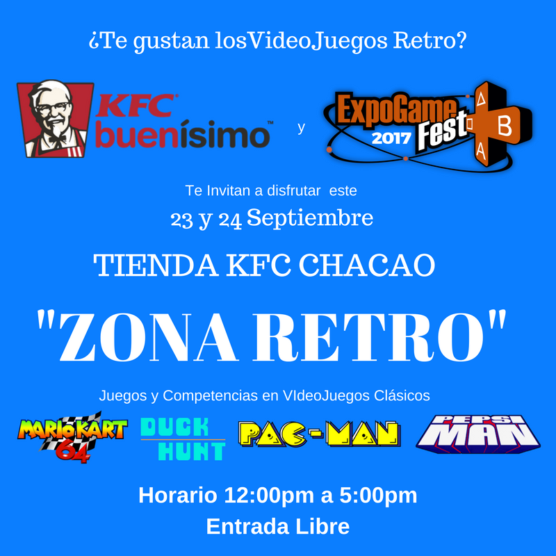 ExpoGameFEST's tweet photo. ¿Te gustan los VideoJuegos? @KFC_VZLA y @ExpoGameFEST te invitan a disfrutar Fin de Semana Retro.  23 y 24/09 Tienda KFC Chacao #Llégate https://t.co/8PGZ4vR7zr