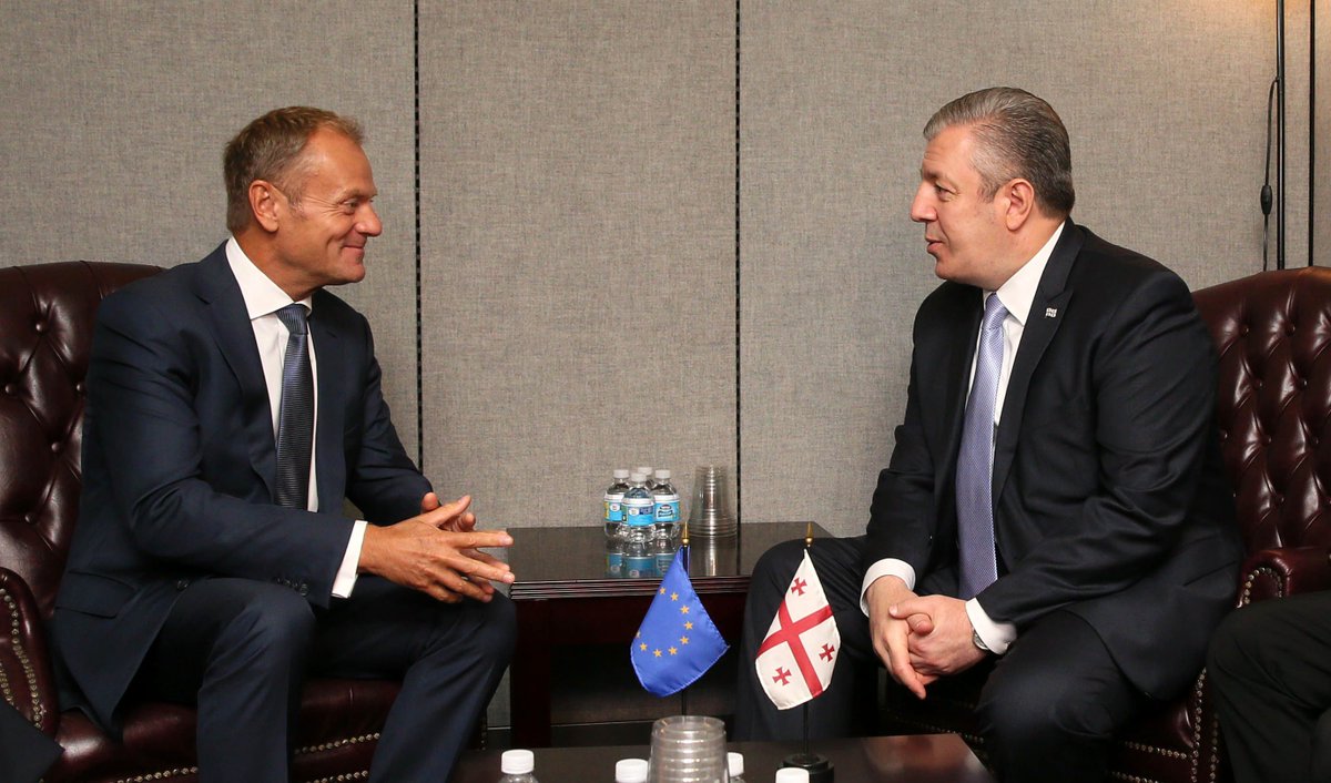 KvirikashviliGi's tweet photo. Discussed ongoing political &amp; economic reforms supported by #EU in #Georgia w/ @eucopresident Donald Tusk #UNGA https://t.co/yVSRYGUzB9 https://t.co/0XlvcJ0t3S