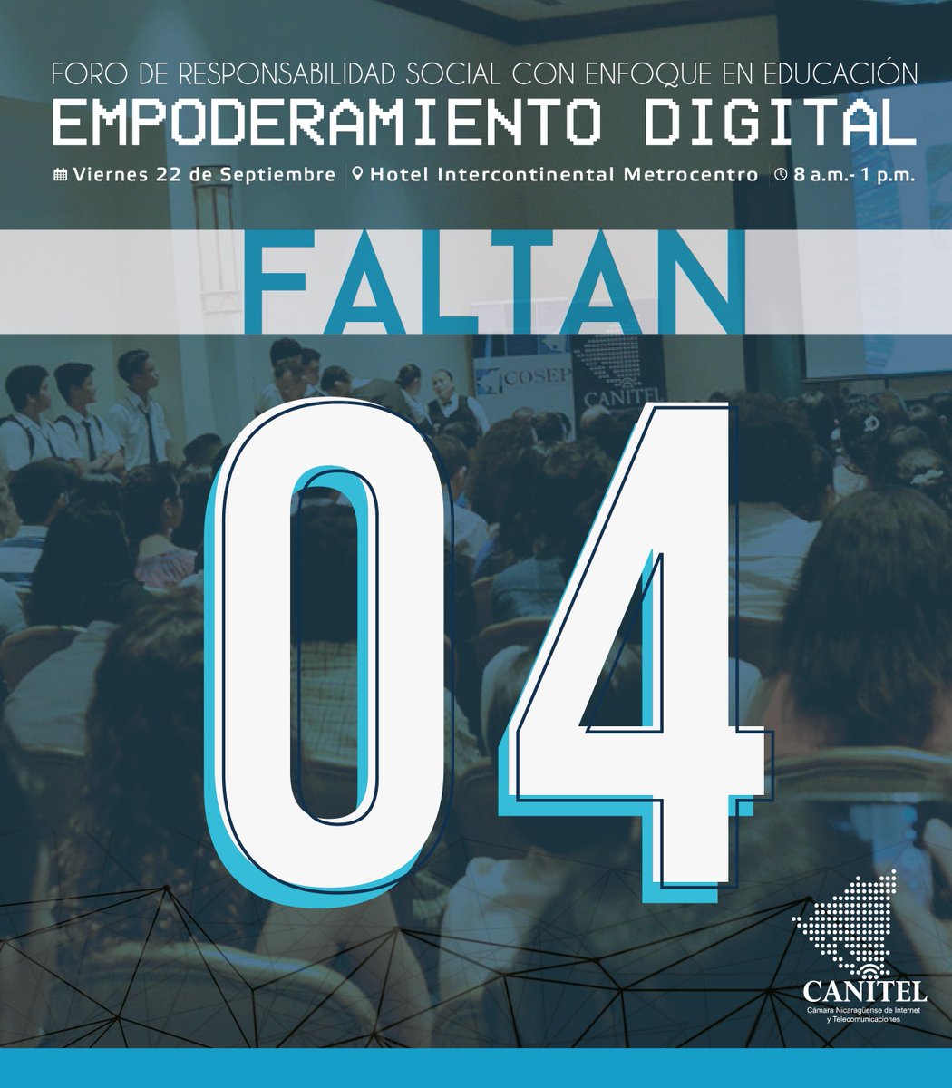 canitel2016's tweet photo. 4 días para el Foro de Responsabilidad Social con Enfoque en Educación: Empoderamiento Digital⏳🕛 #Tecnología #CANITEL #EmpoderamientoDigital https://t.co/ukh0X1BA24