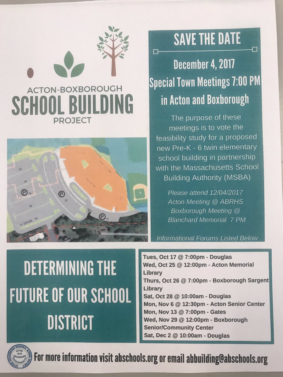 Save the date December 4 2017 at 7 PM in Acton at ABRHS and in Boxborough at Blanchard Memorial. Informational forums announced on the flyer