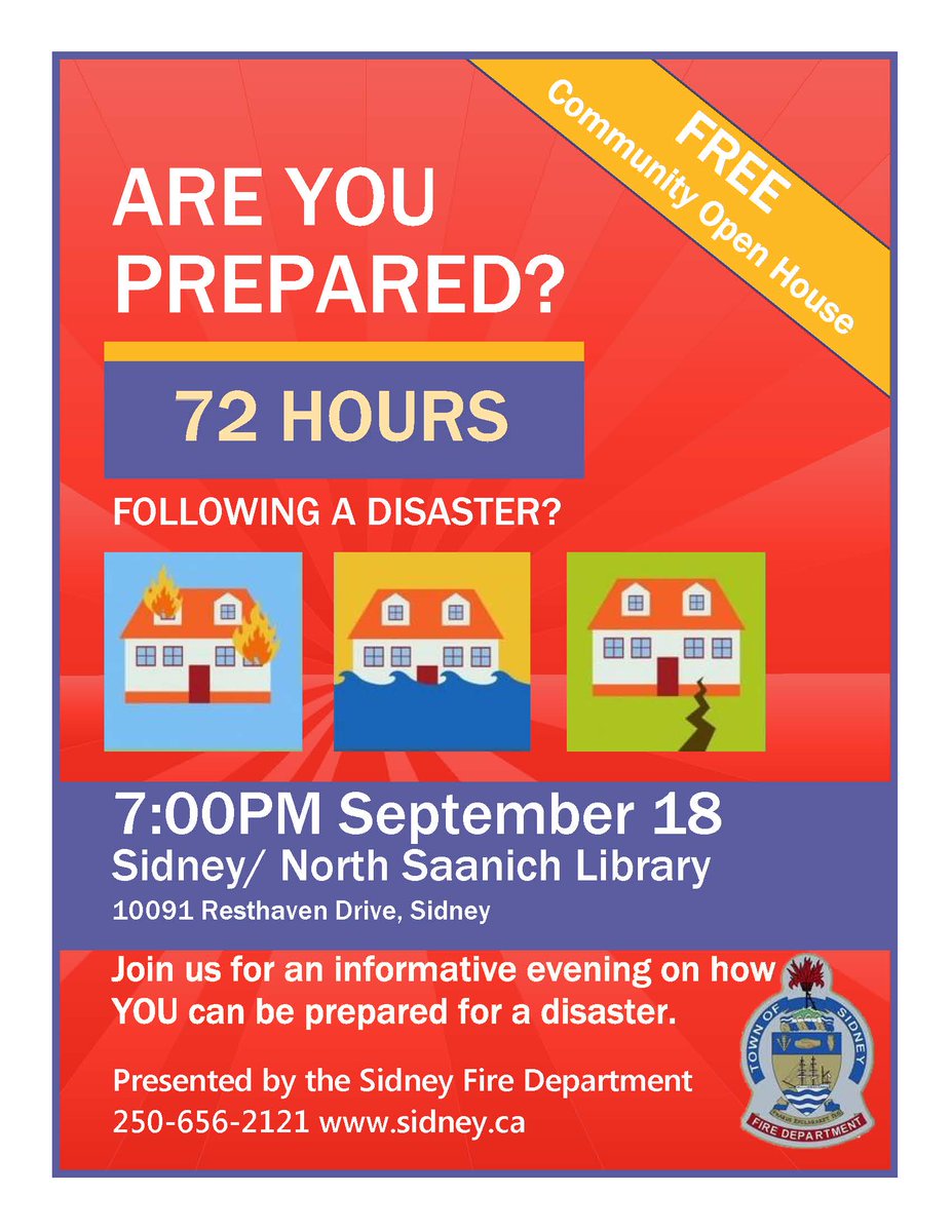 PreparedBC's tweet photo. MT @SidneyVFire: See you TONIGHT  our Open House on Emergency Preparedness. 7PM  #Sidney #YYJ #GetPreparedNotScared https://t.co/GQ8iFX433t