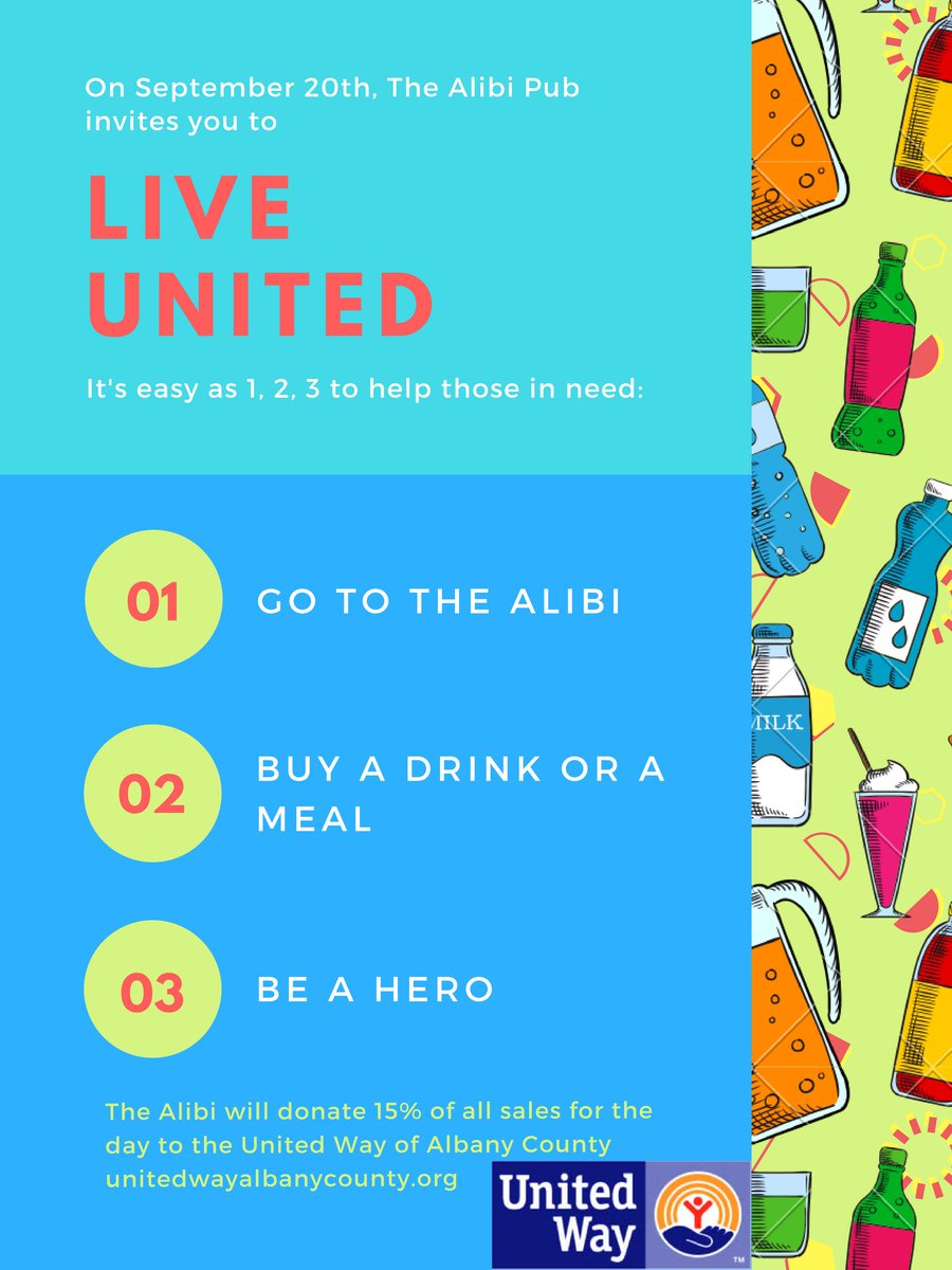 This Wednesday: buy a drink or a meal, be a hero.  Join us <a href="/TheAlibiPub/">The Alibi Pub</a> - 15% of sales go to United Way Albany County!