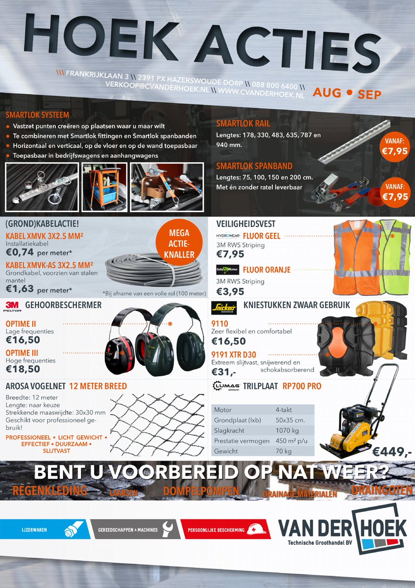 VanderHoekBV's tweet photo. HOEKACTIES SEPTEMBER! Met o.a. de nieuwe #HAVEP kledinglijn en een grondkabel actieknaller! #Hoekacties #september https://t.co/L4P4058Ozs https://t.co/DTxhiIFJbb
