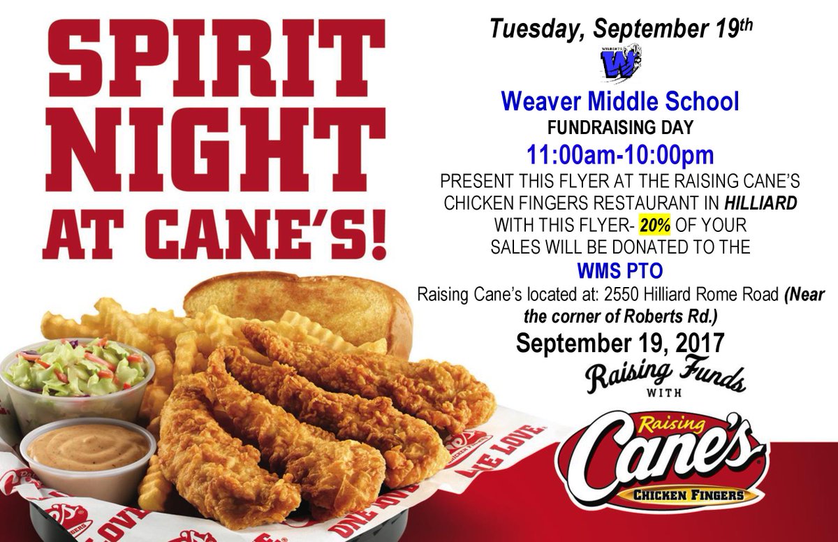 wmscatsPTO's tweet photo. TOMORROW ALL DAY!!!  PRESENT FLYER AT RAISING CANE’S - Hilliard!  20% OF YOUR SALES WILL BE DONATED TO THE Weaver PTO.
@wmscats https://t.co/h4j1kWmNF7