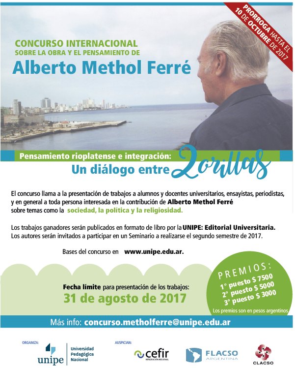 unipe_ar's tweet photo. 📢Se extiende la fecha límite para presentar trabajos del #Concurso Methol Ferré hasta el 10 de octubre de 2017 #UNIPE #CLACSO #FLACSO #CEFIR https://t.co/it5HPMDIdZ