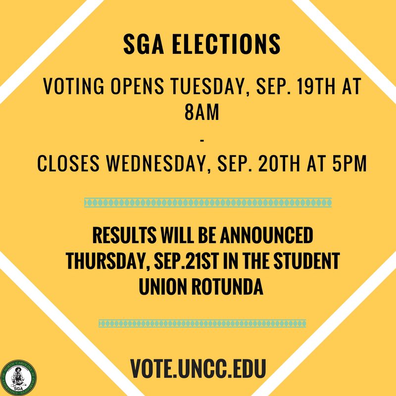 UNCC_SGA's tweet photo. Don't forget to vote for your fellow Niners during SGA elections! On campus polling sites will be available! https://t.co/9eTMhxXr2E