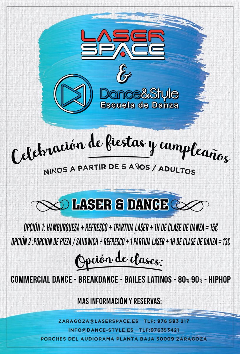dancestylezgz's tweet photo. ¡Celebra tus fiestas y cumpleaños con nosotros! Partidas láser, clases o ambas. Mira el cartel #dancestylezgz #laserspace #zgzcity https://t.co/oeshpMpBx0