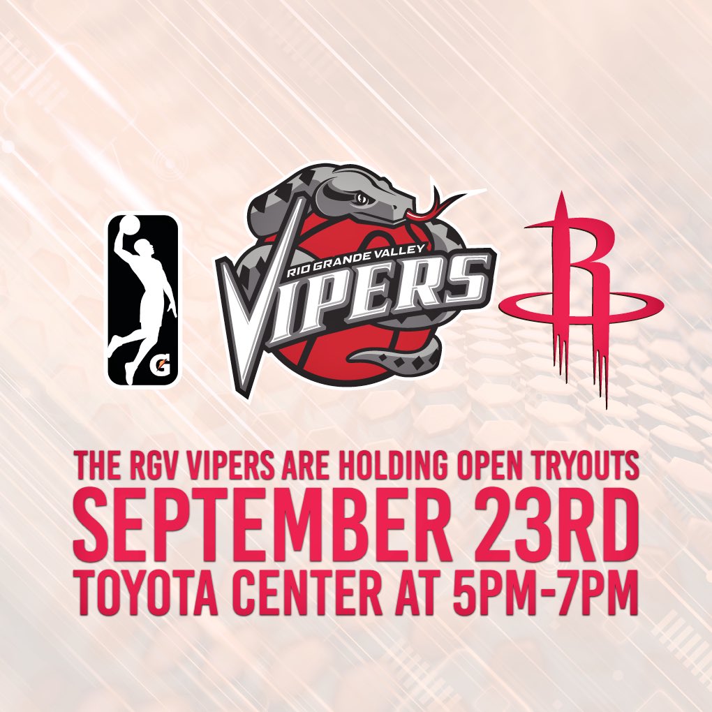 RGVVipers's tweet image. 🐍🐍🐍 tryouts Saturday Sept 23 @ToyotaCenter 5-7PM
Registration begins at 4
For more info, visit on.nba.com/2x8xYek

#RGV #NBAGLeague