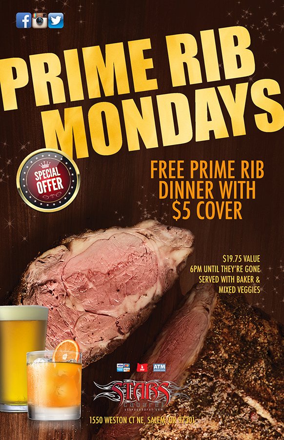 StarsPDX's tweet photo. Free prime rib dinner tonight at #starscabaret #salem with $5 paid cover starts at 6pm. Join us! #stripclubspecial https://t.co/fhLN3qb4nC