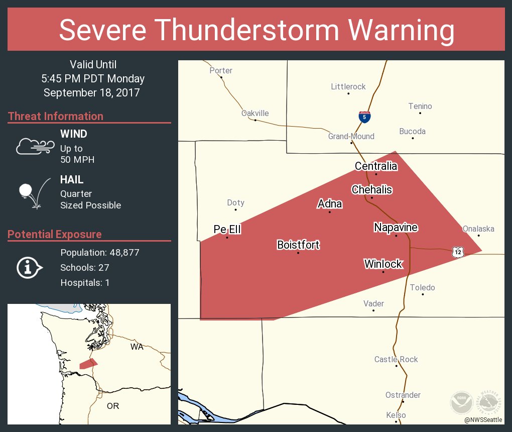 NWSSeattle's tweet photo. Severe Thunderstorm Warning including Centralia WA, Chehalis WA, Napavine WA until 5:45 PM PDT https://t.co/v9lHiTgvxG