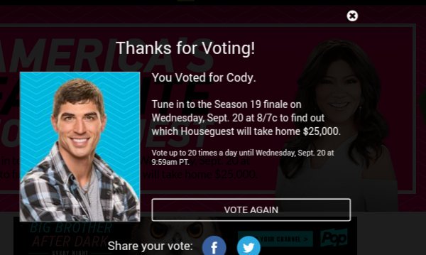 LovingMamaof4's tweet photo. Sent all my votes to Cody @thejessicagraf #BB19 #BB19AFP https://t.co/BoHJTm5xZY
