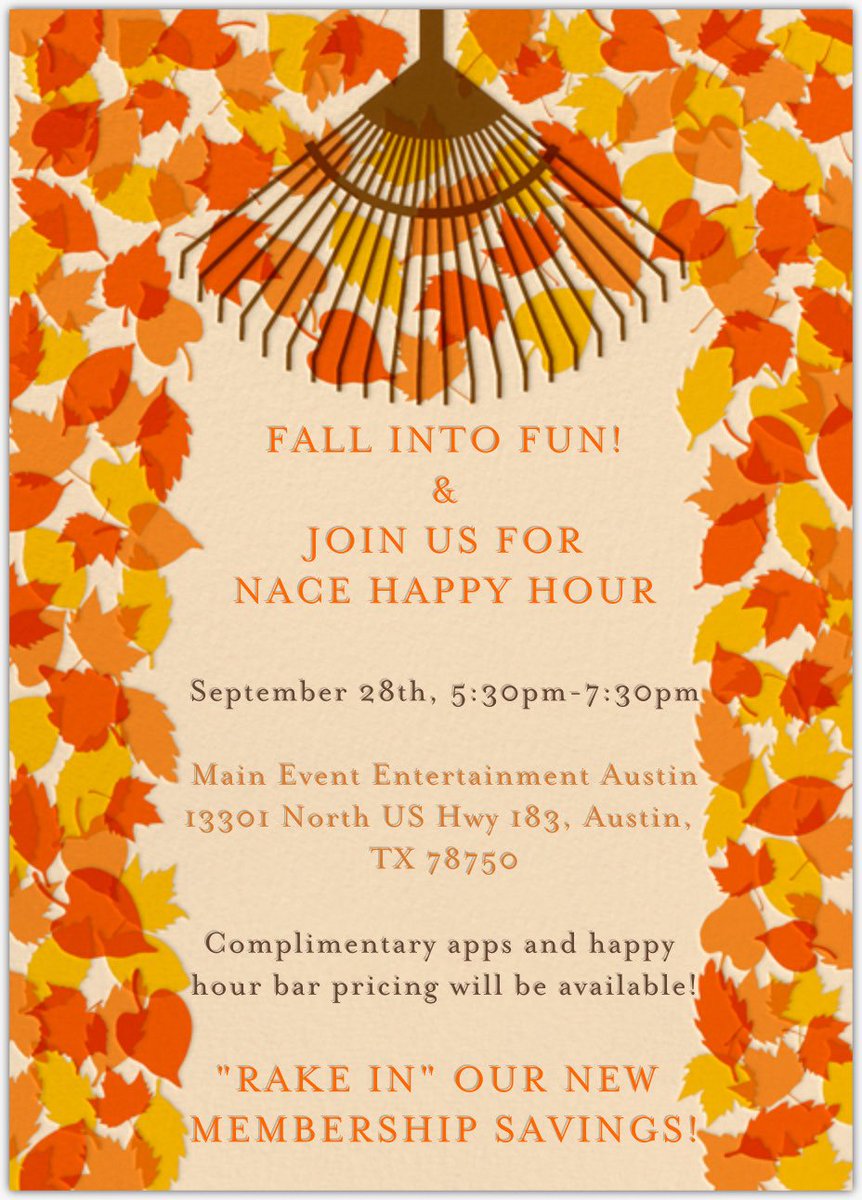 NACEAustin's tweet photo. Fall into savings! Join us for drinks &amp; apps on 9/28 at @MyMainEvent, and save $100 off membership for new OR existing @naceaustin members! https://t.co/HQCzD51q8q