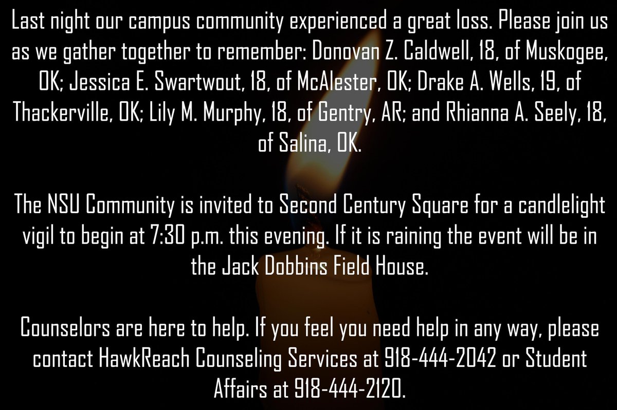 NSURiverHawks's tweet image. Please join us to remember: Donovan Z. Caldwell,  Jessica E. Swartwout, Drake A. Wells, Lily M. Murphy and Rhianna A. Seely.