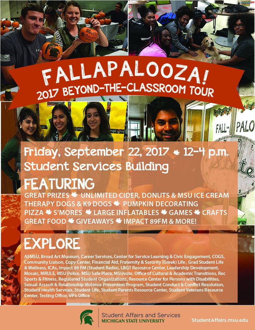 MSUStuLife's tweet photo. Fallapalooza is this Friday!  @ASMSU @WDBM @MSUCareerServ @MSUServLearn @msubroad will be there. RT if you like free doughnuts. #freestuff https://t.co/fP3AgQxTcf