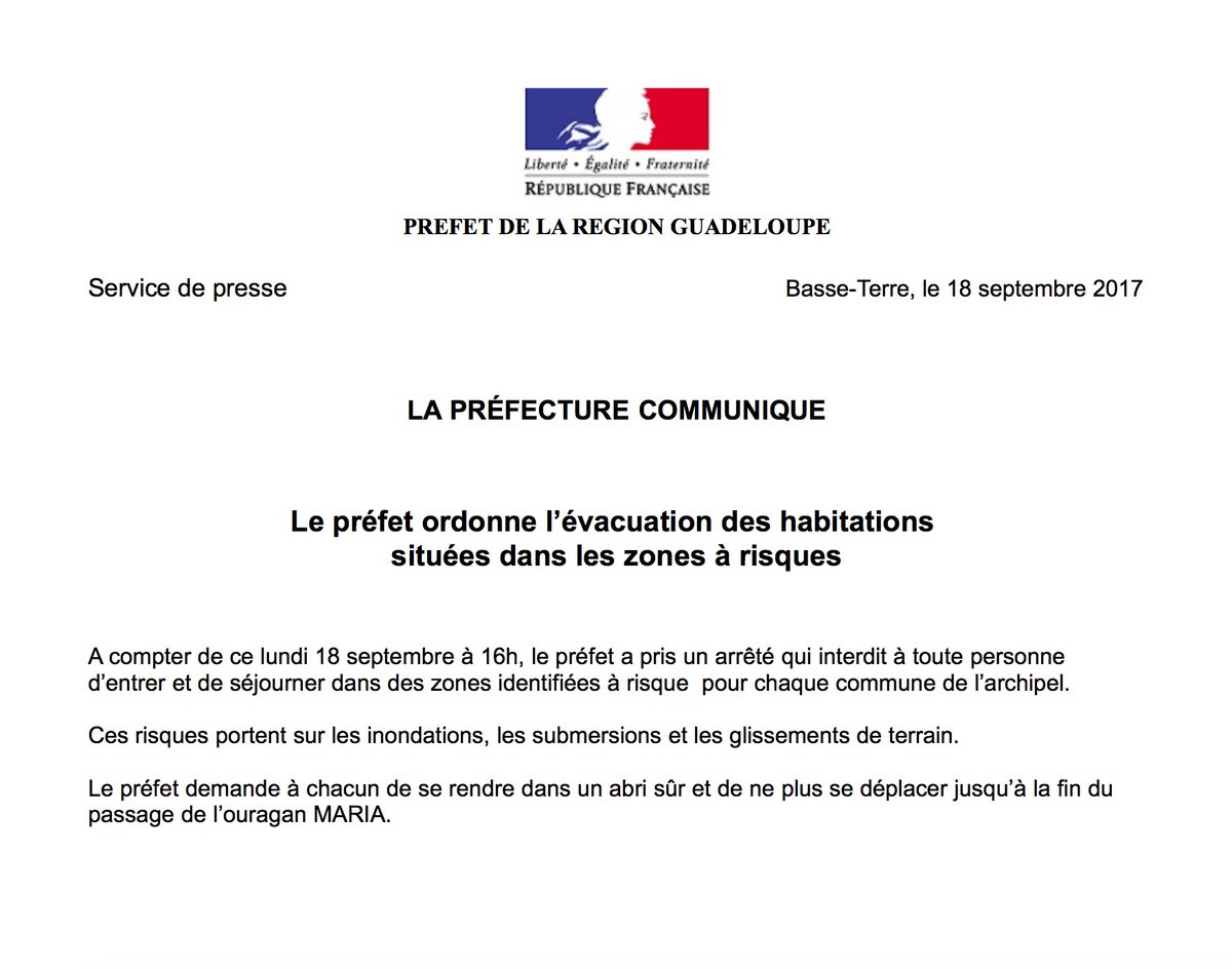 Prefet971's tweet image. ⚠️ #Maria #Guadeloupe : Le préfet ordonne l’évacuation des habitations situées dans les zones à risques 🌊🌧️