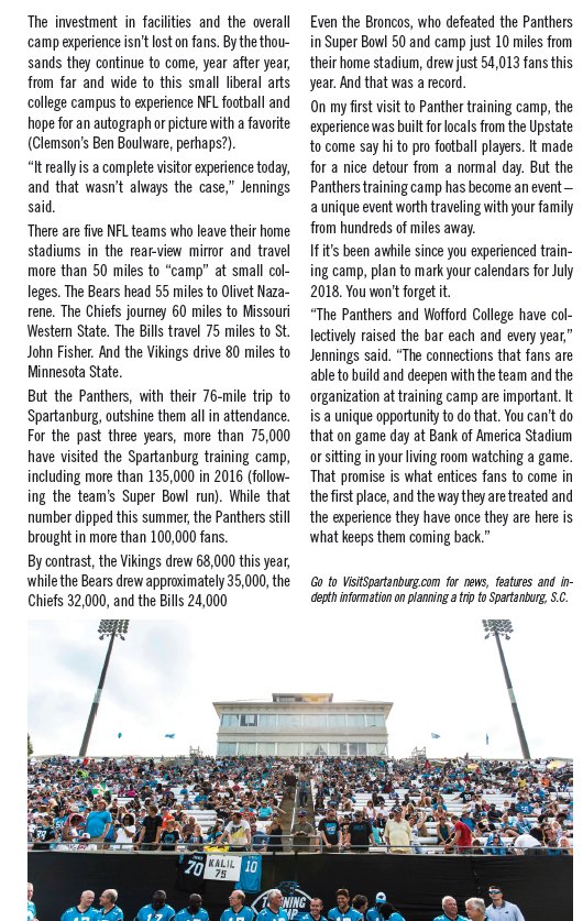 Thanks to the <a href="/Panthers/">Carolina Panthers</a> for sharing my @SpartanburgCVB training camp piece with fans reading the program at Sunday's home-opening win.
