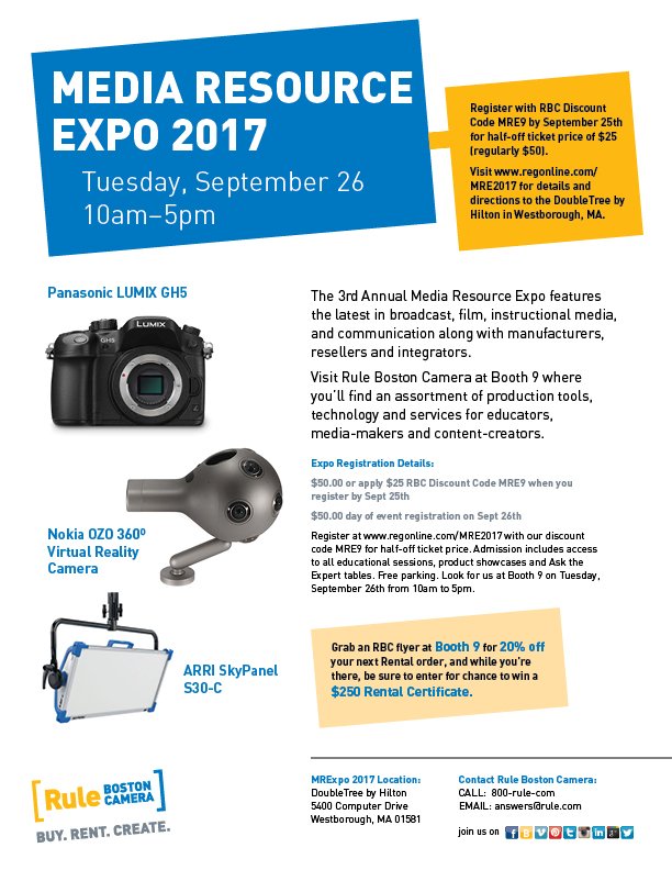 rulebostoncam's tweet photo. Lots in store at next wk's 9/26 #MediaResourceExpo. Visit us at Booth 9 + register 1/2 off w/ discount code MRE9. https://t.co/K6CcuP1D4l https://t.co/cRpzBQmiiv