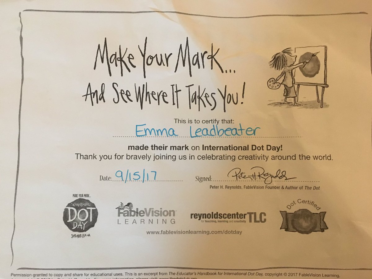Cleadbea1's tweet photo. Love that we talked about this in #ed536 and then my daughter came home with her Dot day certificate! So awesome. #dotday https://t.co/J0QqXJ4o3m