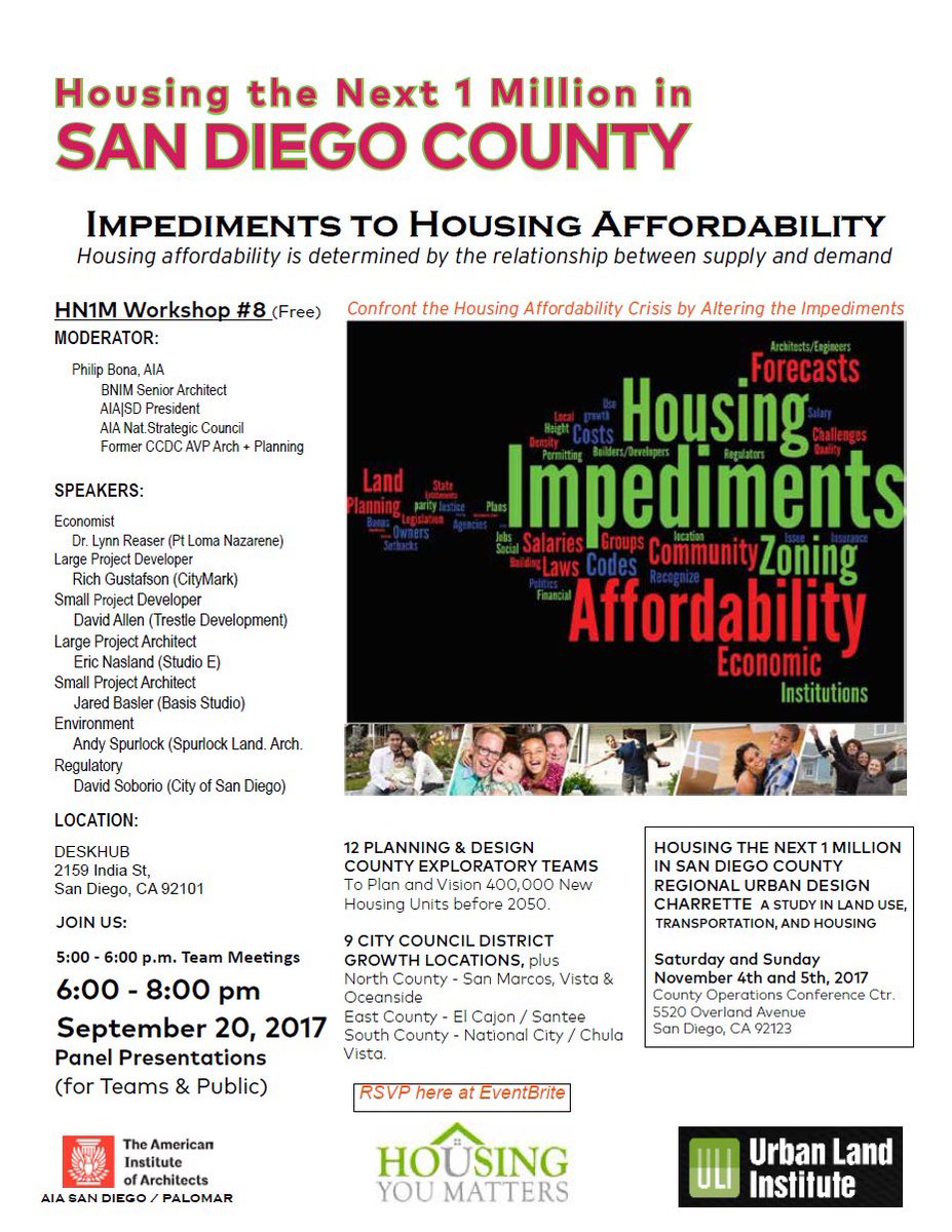 A look at impediments to #sdhousing affordability W, 9/20 @ <a href="/DeskHubSD/">DeskHub San Diego</a> hosted by <a href="/aiasandiego/">AIA San Diego</a>. Speakers- <a href="/PLNU/">Point Loma Nazarene University</a> <a href="/CityofSanDiego/">City of San Diego</a> <a href="/studioearch/">Studio E Architects</a>