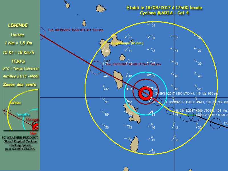 sxmcyclone's tweet photo. MARIA est maintenant un ouragan majeur de catégorie 4. Le tracking de 17h00 https://t.co/tEuCBjqLXa