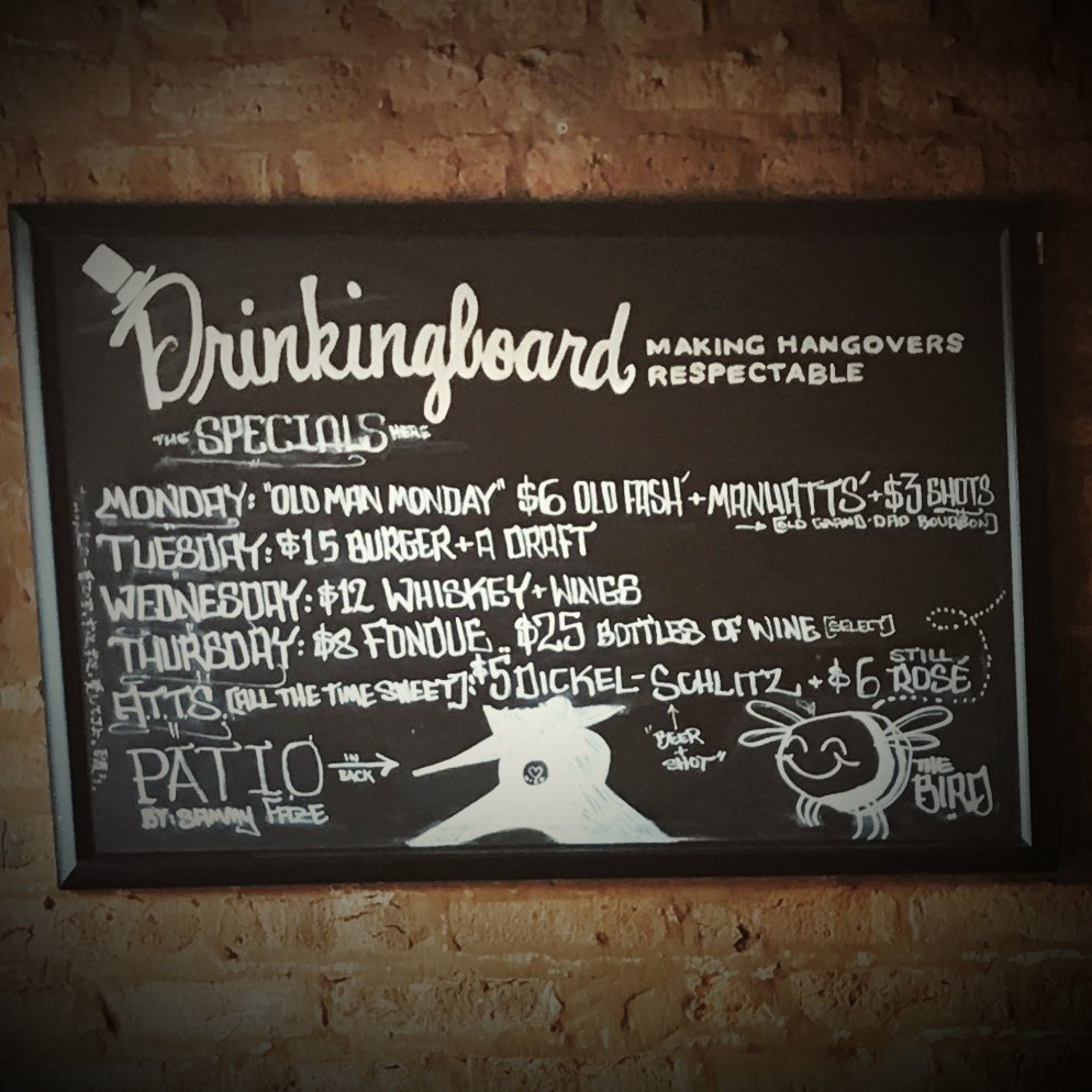 Special times call for specials - M: Old Man Monday - T: Burger Night -
 W: Whiskey &amp; Wings - Th: Date Night! All the time specials too!