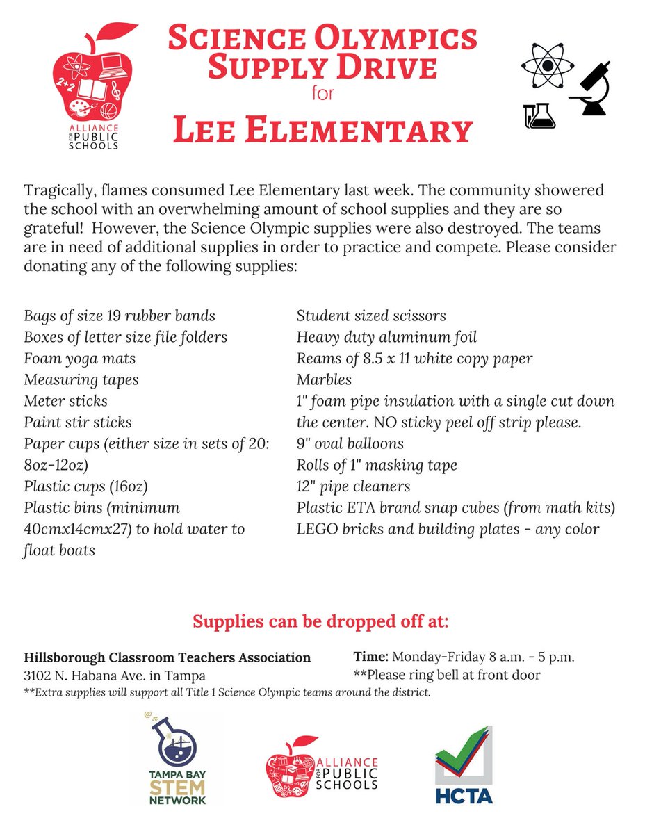 STEM supplies needed for @LeeMagnetTampa! Asking the community for help! <a href="/TampaBaySTEM/">TampaBaySTEM</a> <a href="/HillsboroughCTA/">Hillsborough CTA</a> <a href="/All4Schools/">All4PublicSchools</a> <a href="/HillsboroughSch/">Hillsborough Schools</a>