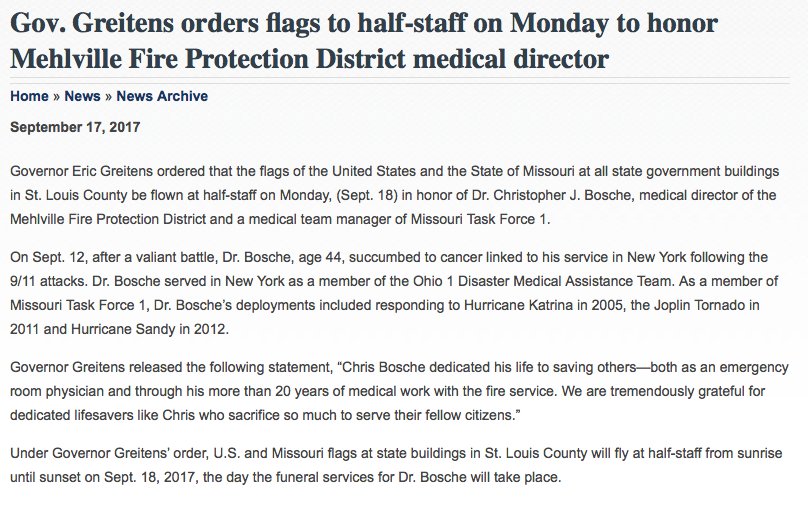 MoSEMA_'s tweet photo. ICYMI: Gov. Greitens orders flags to half-staff on Monday to honor Mehlville Fire Protection District medical director. #boschestrong https://t.co/nmqhRHBMBm