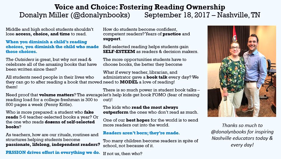 Truly an honor to hear <a href="/donalynbooks/">Donalyn Miller</a> spread 📚❤️ in Nashville this afternoon. Tried to capture the major takeaways in one tweet! #mnpslibhack