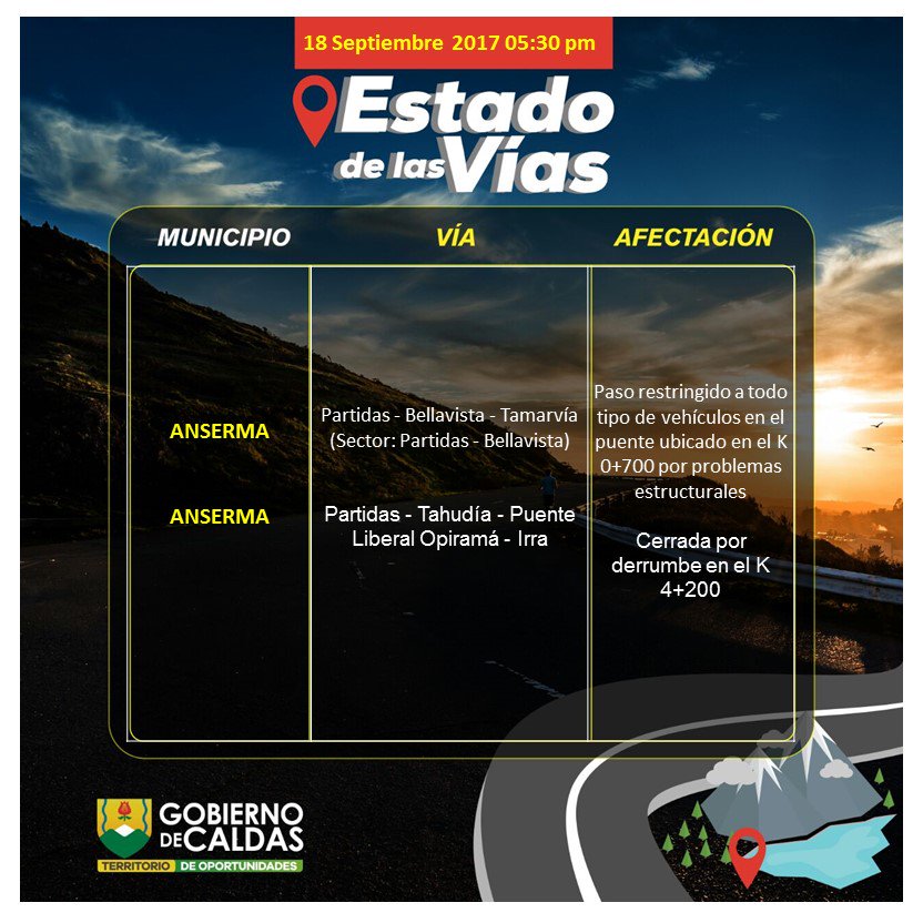 #EstadoDeLasVías en #Caldas a esta hora. Ya fue habilitada la vía Arboleda - Puerto Venus #Pensilvania.