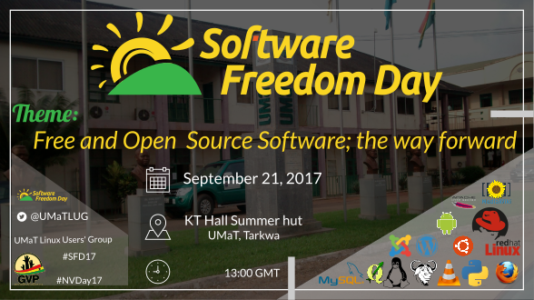 umatlug's tweet photo. Free and Open Source Software; the way forward. Join us celebrate #SoftwareFreedomDay on #NVDay17 #SFD17 #Tarkwa #Ghana #FOSS #teamUMaT https://t.co/GcpElaAMFi