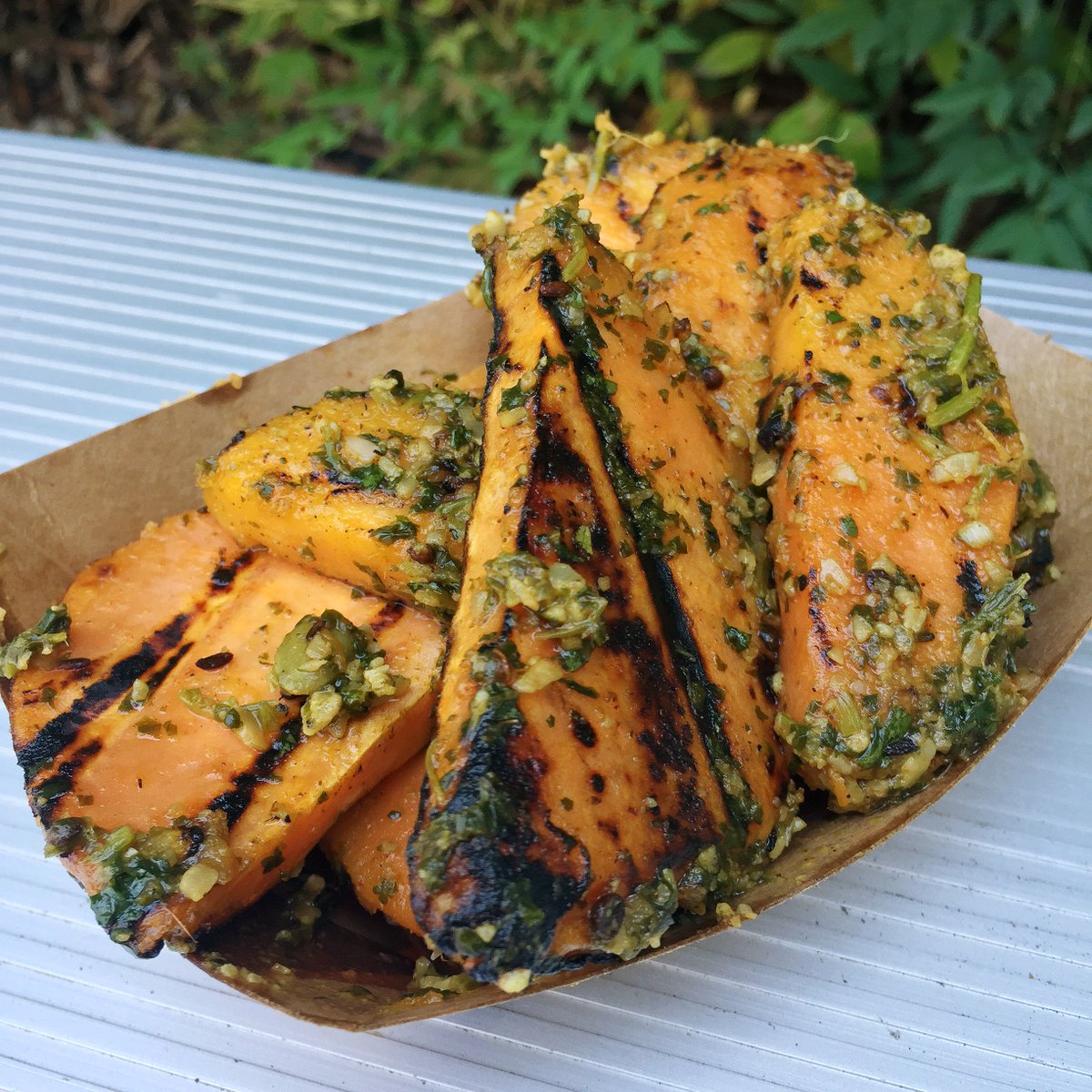 EasyTigerATX's tweet photo. Our Grilled Seasonal Vegetable is Sweet Potato! They’re dressed in a cilantro-pepita pesto #sweetpotato #pesto #grilledvegetable https://t.co/N6zS2tPhOk
