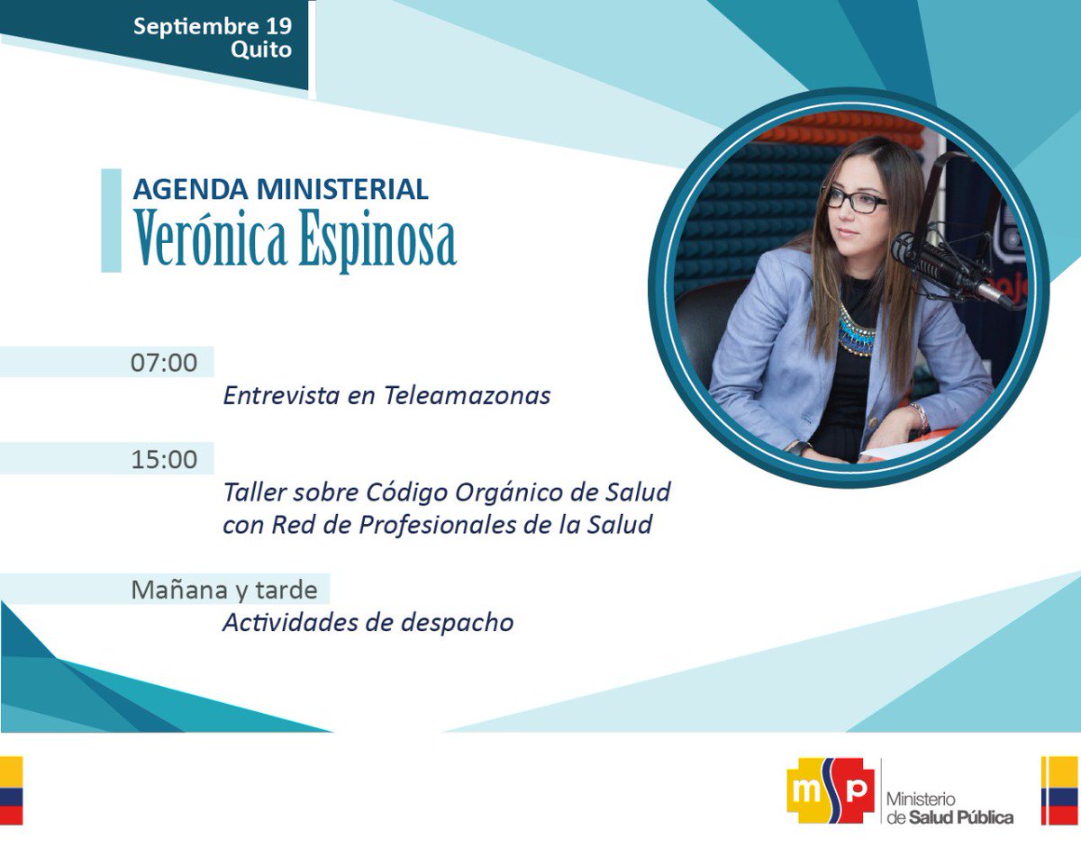 Te invitamos a conocer las actividades de la #AgendaSaludEc que desarrollará @MVEspinosaS, ministra de <a href="/Salud_Ec/">Ministerio de Salud Pública 🇪🇨</a>, martes 19 de septiembre