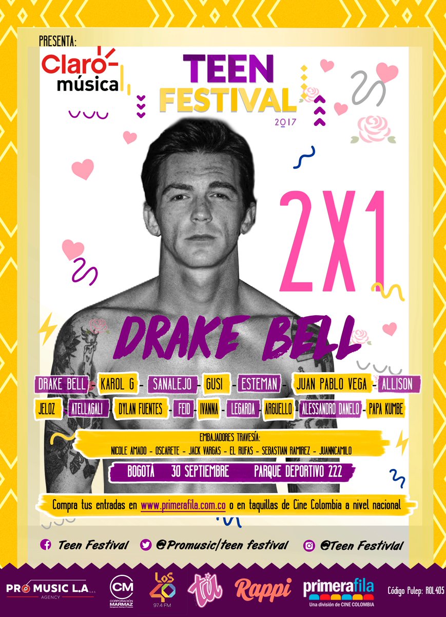 promusicla's tweet photo. @DrakeBell artista principal y quiere compartir todo el amor y amistad que sus fans colombianos boletas al 2x1 @PrimeraFila_Co https://t.co/ZubkboPZcu