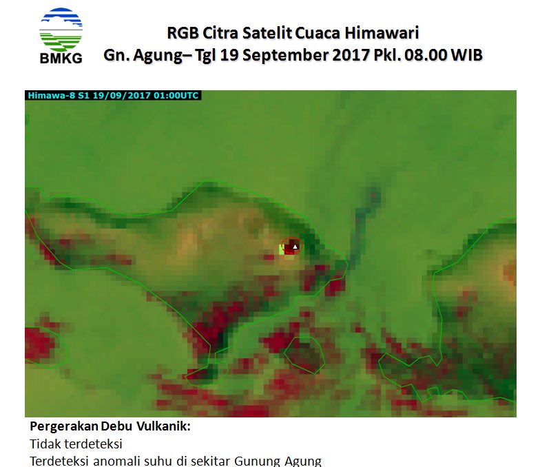 Dari pantauan citra satelit Himawari pkl. 08.00, tidak terdeteksi debu vulkanik Gn. Agung di Bali. Update berkala di satelit.bmkg.go.id/Trajektori/Agu…
