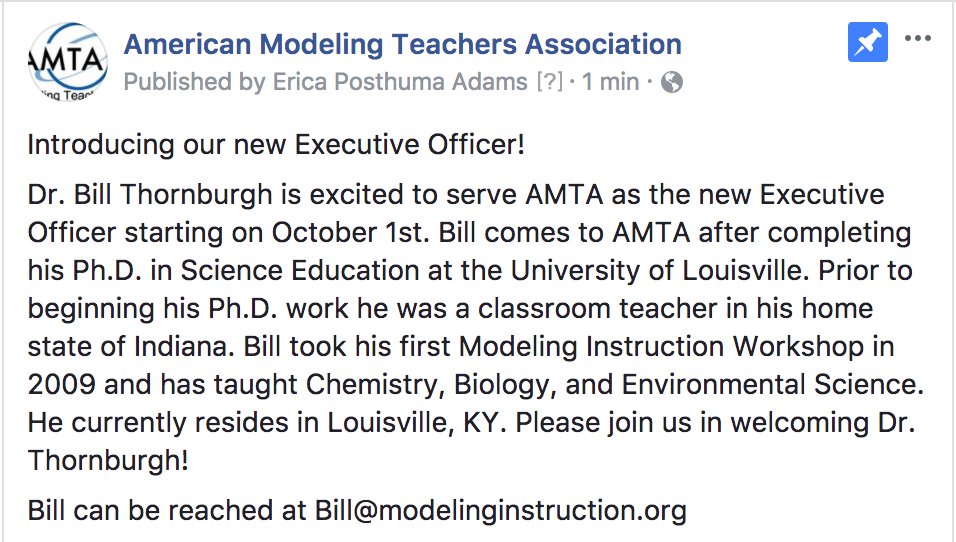 AMTAteachers's tweet photo. Please join me in welcoming @AMTAexec Dr. Bill Thornburgh as the new Executive Officer of AMTA #modchem #modphys #modsci https://t.co/2HLqQMNNdA
