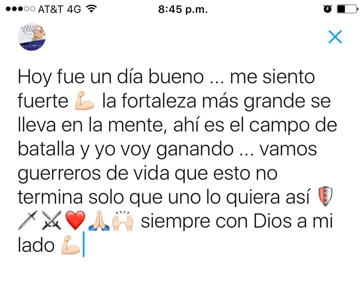 SoyKarlaLuna's tweet photo. La fortaleza más grande se lleva en la mente, ahí es el campo de batalla y yo voy ganando...vamos guerreros todos podemos Dios con nosotros https://t.co/FULHk5pcza