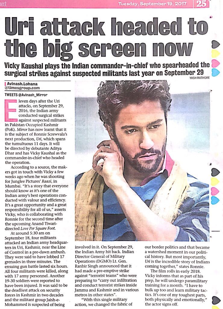 Vicky Kaushal (@vickykaushal09) on Twitter photo Humbled by this oppurtunity. #Uri produced by <a href="/RonnieScrewvala/">Ronnie Screwvala</a> (RSVP) & directed by Aditya Dhar. Super excited! 🇮🇳😊🙏 Humbled by this oppurtunity. #Uri produced by <a href="/RonnieScrewvala/">Ronnie Screwvala</a> (RSVP) & directed by Aditya Dhar. Super excited! 🇮🇳😊🙏