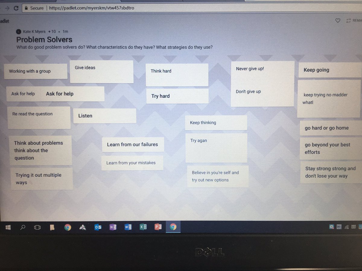 katemyers23's tweet photo. More problem solving today! Padlet to share ideas about what good problem solvers do. On the wall now to help us remember. #gr9math https://t.co/wsk3TFQcY7