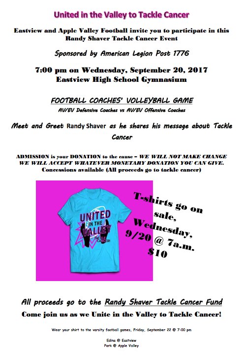 applevalleyFB's tweet photo. New tradition...same important cause. Please join us Wednesday at 6:30 as AV Football team ups with Eastview Football to Tackle Cancer. https://t.co/nvj3u8u4ca