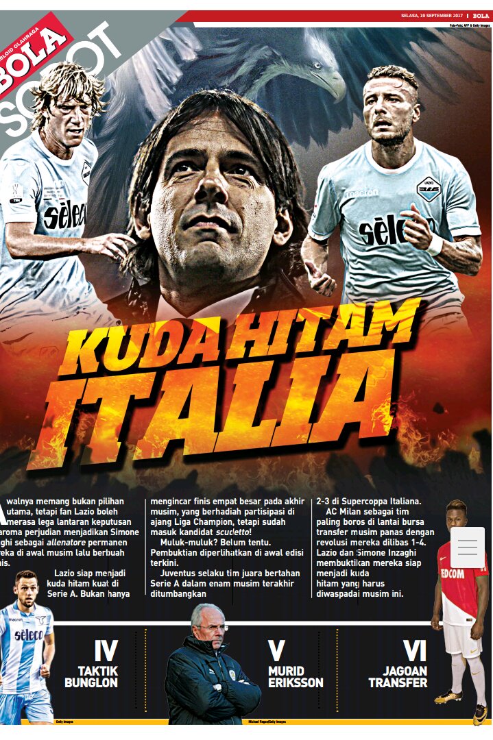 Buat kalian <a href="/LI_Jakarta/">Jakartans Laziale</a> atau pecinta <a href="/OfficialSSLazio/">S.S.Lazio</a> baca ulasan sorot minggu ini di #BOLASelasa