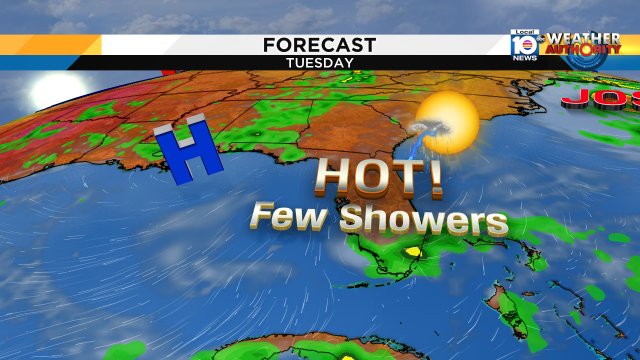It's sun & clouds & hot temps on Tuesday with highs forecast to reach the low 90s. A few showers could develop. https://t.co/OAKtlu2IVx