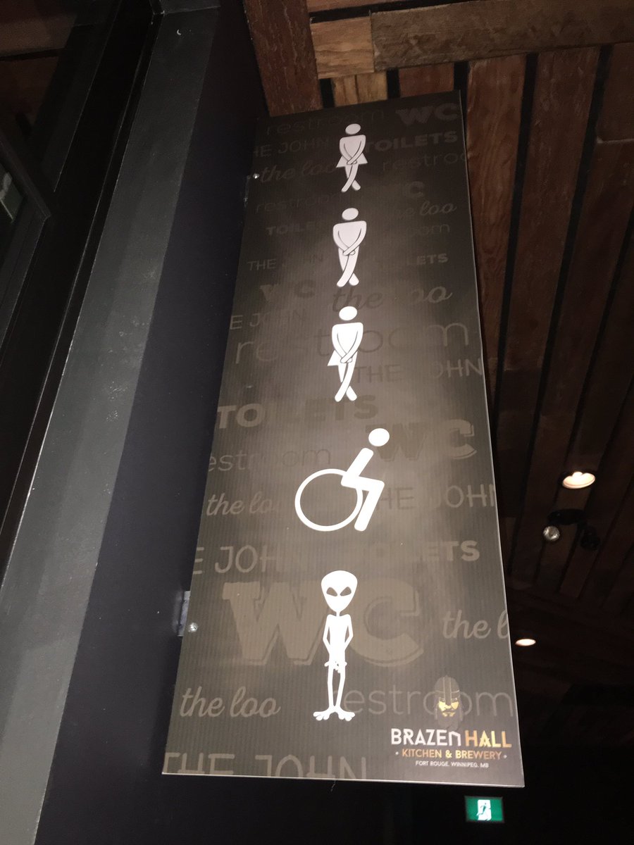LaviniaCanadian's tweet photo. This is the BEST bathroom sign I have ever seen!!! @brazenhall1 #lgbt #bathrooms #Winnipeg #alien #gottopee https://t.co/Hh4B8Y9owc