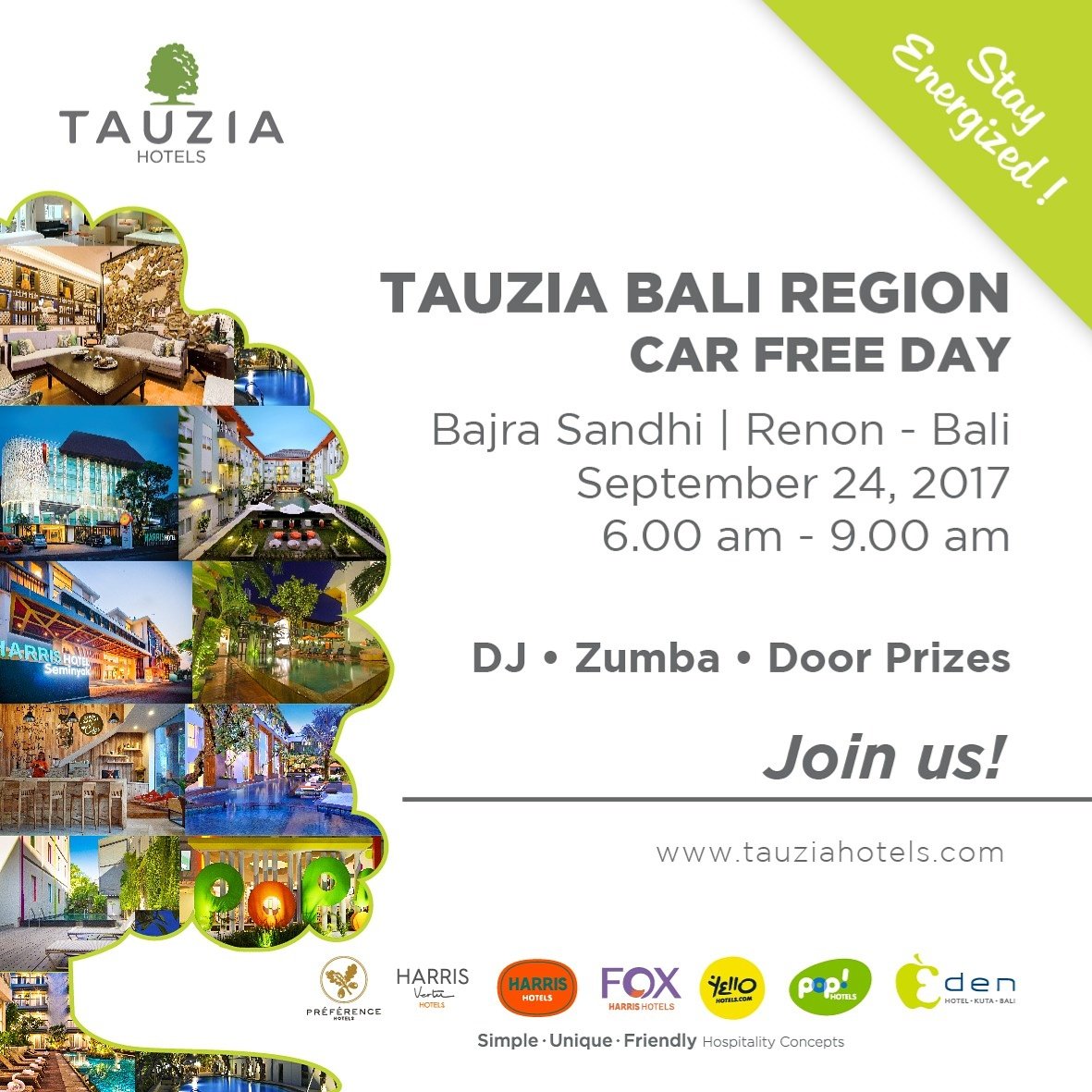 HARRISDenpasar's tweet photo. Stay Energized with TAUZIA at Car Free Day on Sunday, 24 September 2017 at Parkir Timur Museum Bajra Sandhi - Renon, Bali. #tauziacfd #bali https://t.co/bEoMCDRYwV